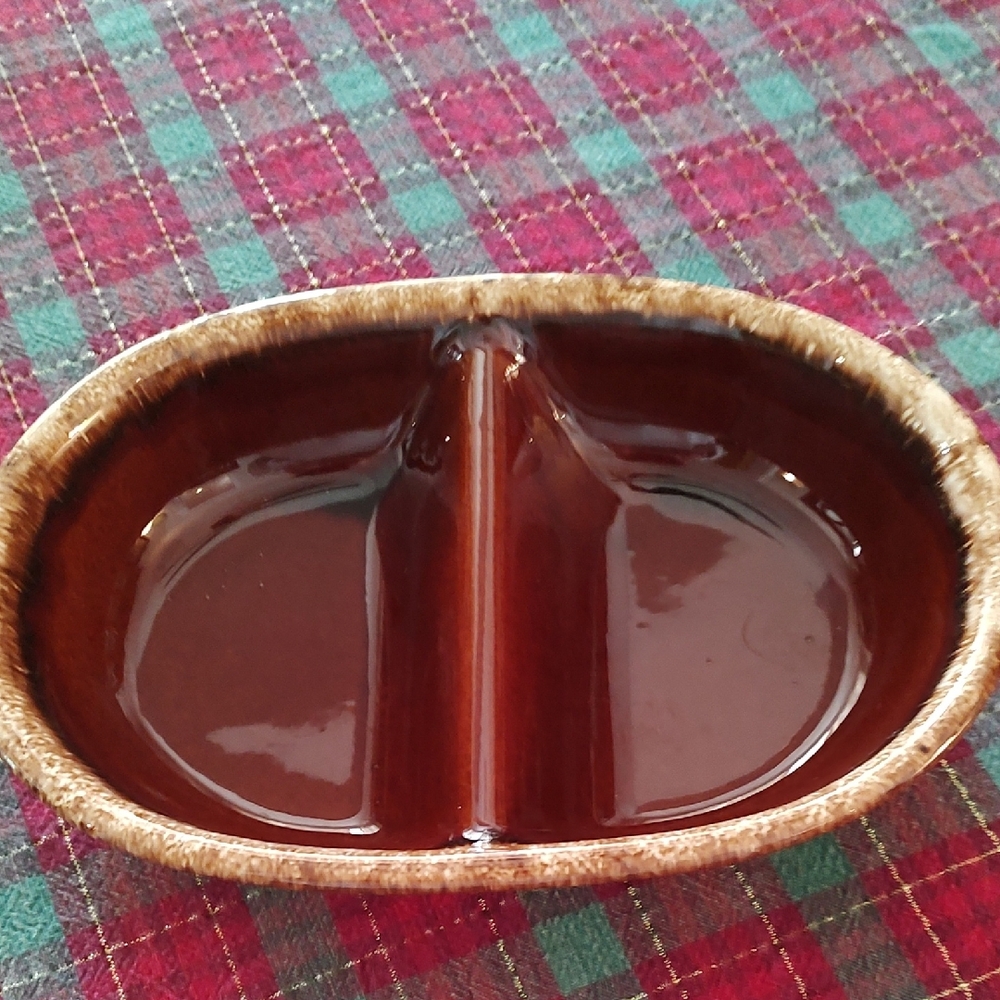 Vintage Hull Pottery Brown Drip Glaze Divided Dish Oven Proof USA